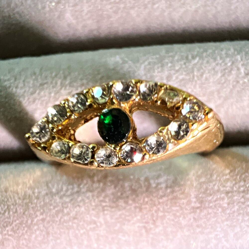 Gold Tone Marquise Eye Cocktail Ring Green Round Center Stone Clear Accents 4
